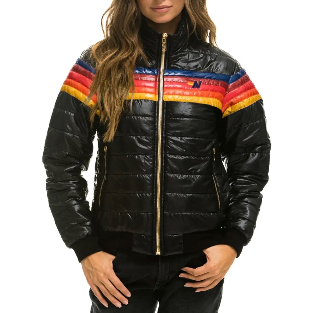 Nwt Aviator Nation 5 Stripe Rainbow Sleeve Jacket - Glossy Black